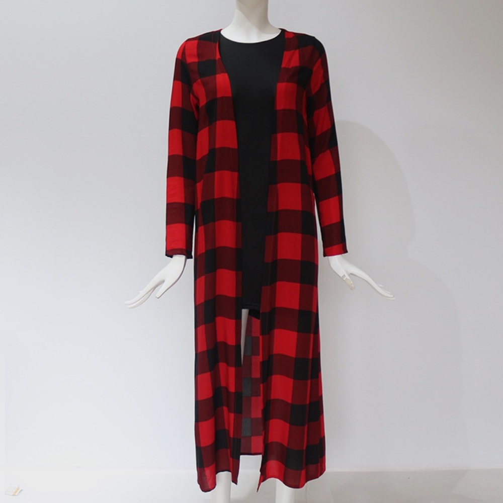 Red & Black Buffalo Plaid Long Sleeve Duster Cardigan - Picture 5 of 16
